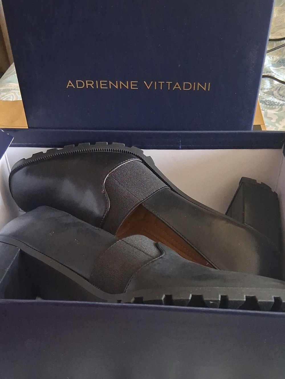 Adrienne Vittadini Black Slip-On Chunky Heel Loafers with Elastic Panel